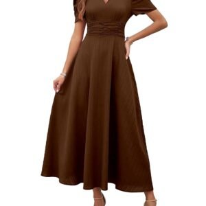 Women's Solid Color V-Neck A-Line Maxi Dress for Women | New Year Party Outfit | Waist Cinched Puff Sleeve Western | Elegant Casual Wear