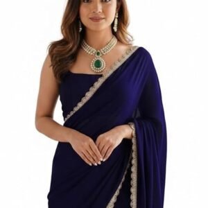 Women's Ready To Wear Navy Blue Georgette One Minute Readymade Stitched Saree Scalloped Border With Unstitched Blouse
