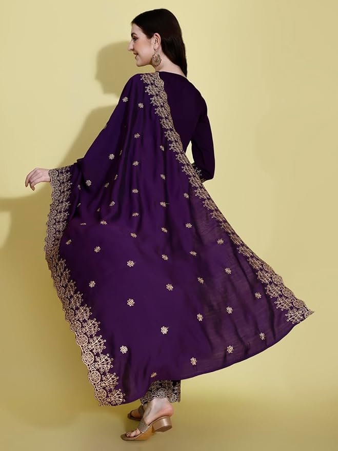 Kurta Set for Women Silk Embroidered Anarkali Kurta Set for Women with Palazzos and Dupatta - Image 3