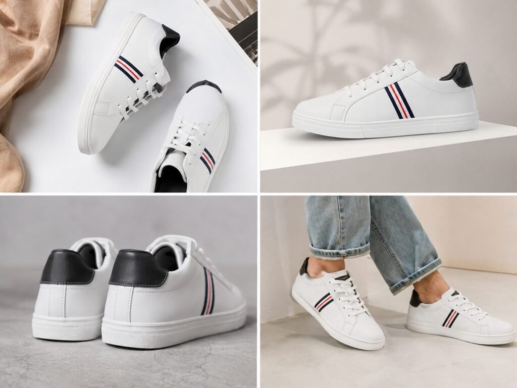 White casual sneakers with red and navy side stripes, lightweight sole, and lace-up design.