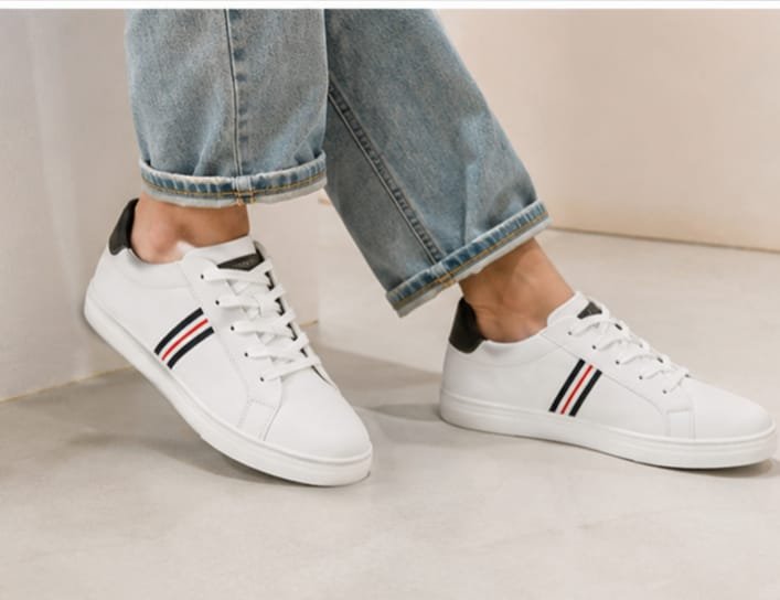 White Stripe Sneakers on feet casual styling